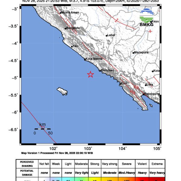 Gempa Berkekuatan 3,7 SR, pusat gempa berada di laut 33 Km Baratdaya Kaur