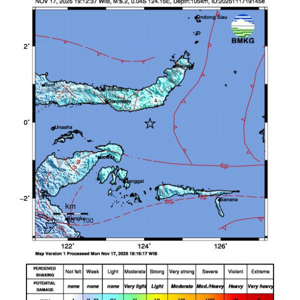 Gempa Berkekuatan 6,2 SR di 49 km Tenggara BOLAANGUKI-BOLSEL-SULUT Tidak Berpotensi Tsunami Gempa Berkekuatan 6,2 SR di 49 km Tenggara BOLAANGUKI-BOLSEL-SULUT Tidak Berpotensi Tsunami