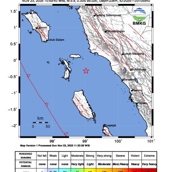 Gempa Berkekuatan 3,9 SR, pusat gempa berada di Laut 71 Km Barat Daya Air Bangis