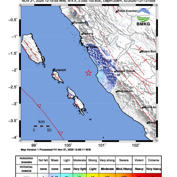 Gempa Berkekuatan 4,4 SR, pusat gempa berada di laut 7 km barat daya Pesisir Selatan