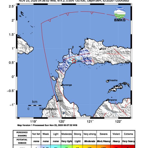 Gempa Berkekuatan 4,2 SR, pusat gempa berada di darat 42 km barat Parigi Moutong