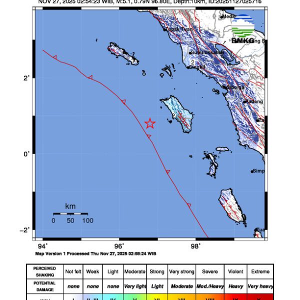 Gempa Berkekuatan 5,1 SR di 75 km BaratDaya NIASBARAT-SUMUT Tidak Berpotensi Tsunami