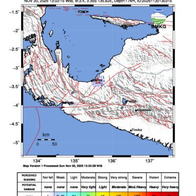 Gempa Berkekuatan 3,4 SR, pusat gempa berada di darat 13 km timur laut Nabire