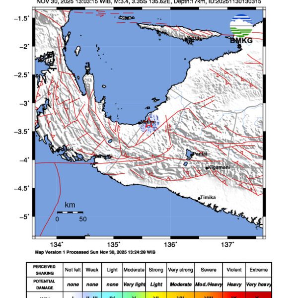 Gempa Berkekuatan 3,4 SR, pusat gempa berada di darat 13 km timur laut Nabire