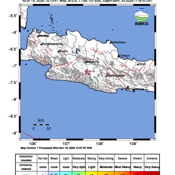 Gempa Berkekuatan 2,9 SR, pusat gempa berada di darat 21 km tenggara Kabupaten Bandung