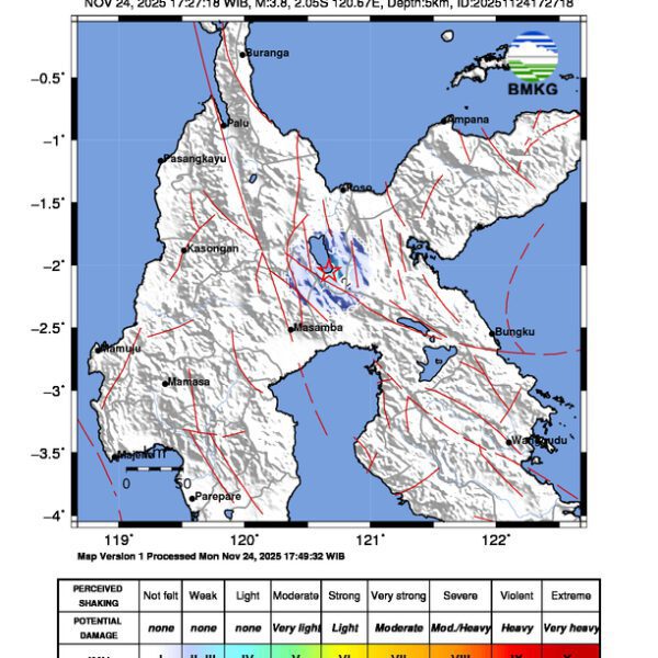 Gempa Berkekuatan 3,8 SR, pusat gempa berada di darat 75 km Selatan Poso
