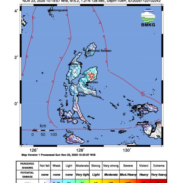 Gempa Berkekuatan 5,2 SR di 11 km BaratDaya HALMAHERATIMUR-MALUT Tidak Berpotensi Tsunami