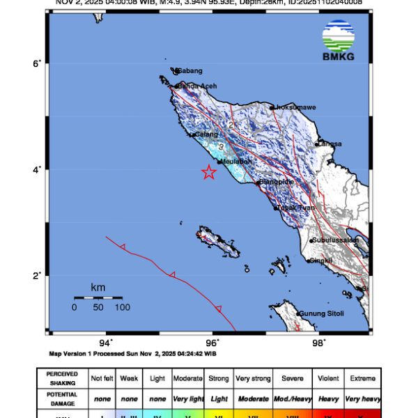 Gempa Berkekuatan 4,9 SR, pusat gempa berada di laut 31 km barat daya Meulaboh, Aceh Barat