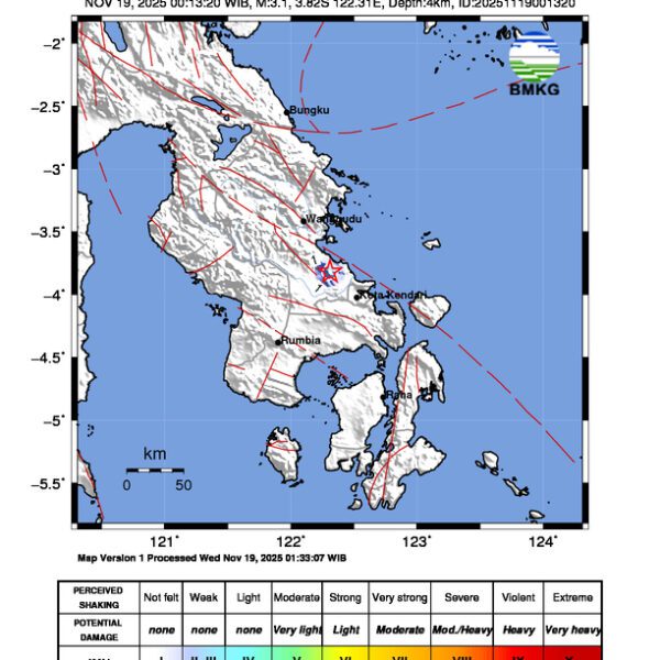Gempa Berkekuatan 3,1 SR, pusat gempa berada di darat 29 km timur Konawe Gempa Berkekuatan 3,1 SR, pusat gempa berada di darat 29 km timur Konawe
