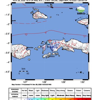 Gempa Berkekuatan 4,1 SR, pusat gempa berada di darat 21 km timur laut Piru