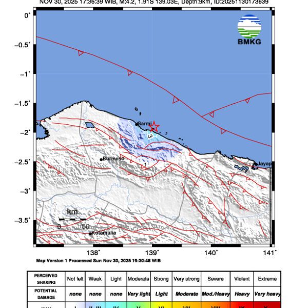 Gempa Berkekuatan 4,2 SR, pusat gempa berada di laut 31 km Tenggara Sarmi