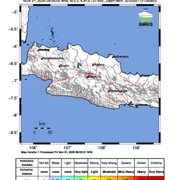 Gempa Berkekuatan 2,2 SR, pusat gempa berada di darat 12 km timur laut Kota Cimahi