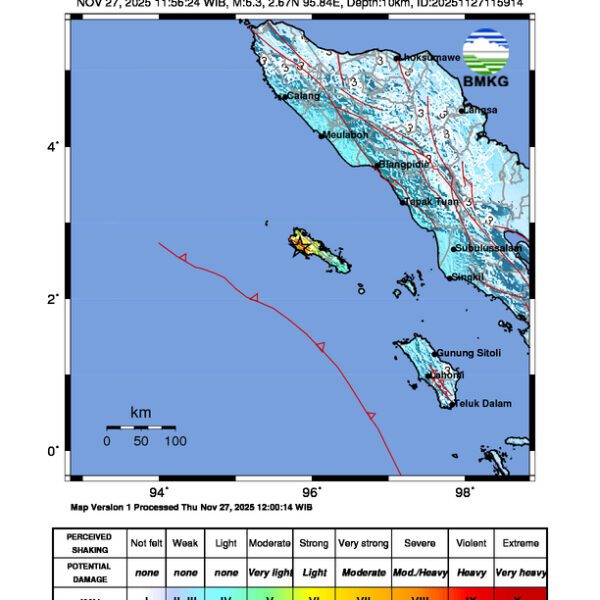 Gempa Berkekuatan 6,3 SR di 62 km BaratLaut SINABANG-ACEH Tidak Berpotensi Tsunami
