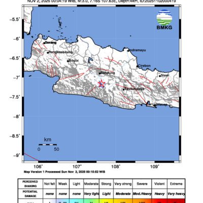 Gempa Berkekuatan 3,0 SR, pusat gempa berada di darat 19 km tenggara Bandung