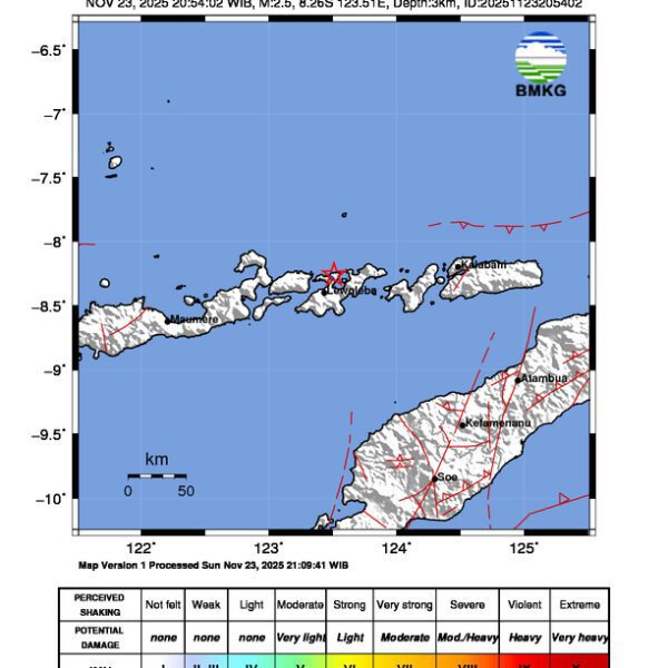 Gempa Berkekuatan 2,5 SR, pusat gempa berada di darat 23 km TimurLaut Lembata