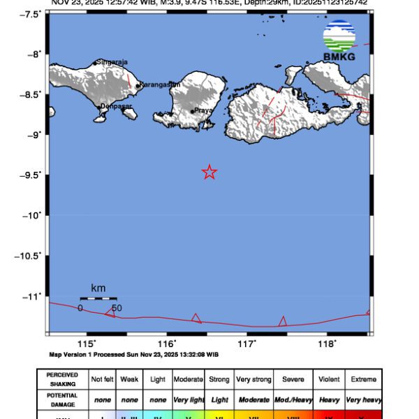 Gempa Berkekuatan 3,9 SR, pusat gempa berada di laut 87 km Barat Daya Sumbawa Barat