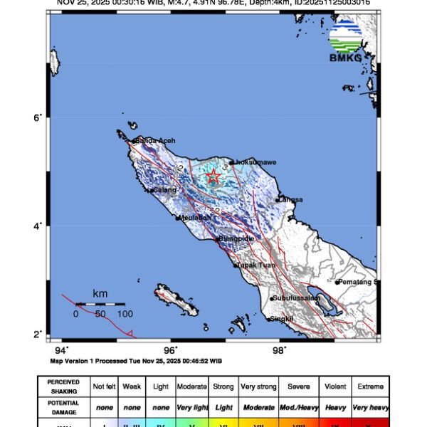 Gempa Berkekuatan 4,7 SR, pusat gempa berada di darat 22 Km Barat Laut Kab. Bener Meriah