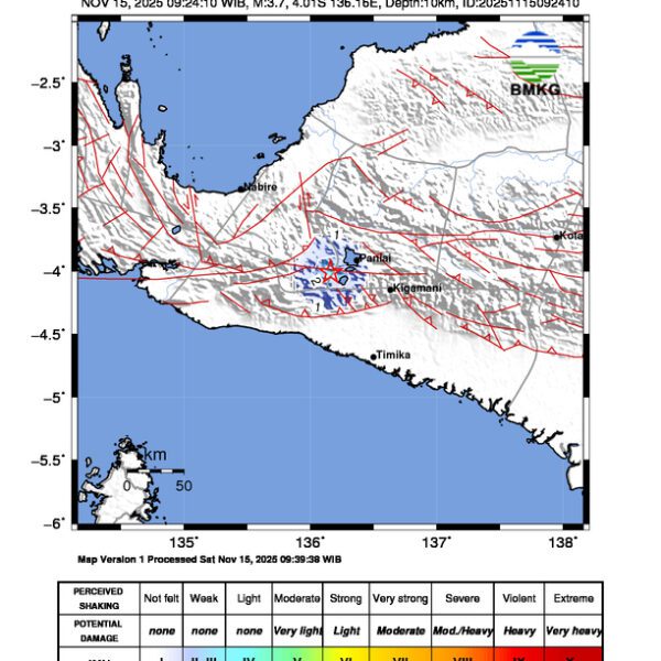Gempa Berkekuatan 3,7 SR, pusat gempa berada di darat 14 km tenggara Dogiyai Gempa Berkekuatan 3,7 SR, pusat gempa berada di darat 14 km tenggara Dogiyai
