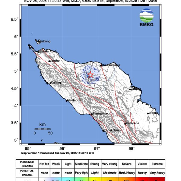 Gempa Berkekuatan 3,7 SR, pusat gempa berada di darat 19 km Utara Kab. Bener Meriah