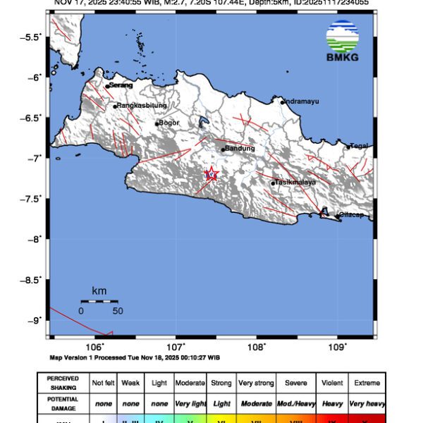 Gempa Berkekuatan 2,7 SR, pusat gempa berada di darat 22 km barat daya Kabupaten Bandung Gempa Berkekuatan 2,7 SR, pusat gempa berada di darat 22 km barat daya Kabupaten Bandung