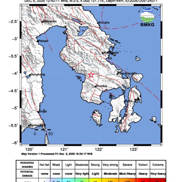 Gempa Berkekuatan 2,5 SR, pusat gempa berada di darat 18 km barat Kolaka Timur