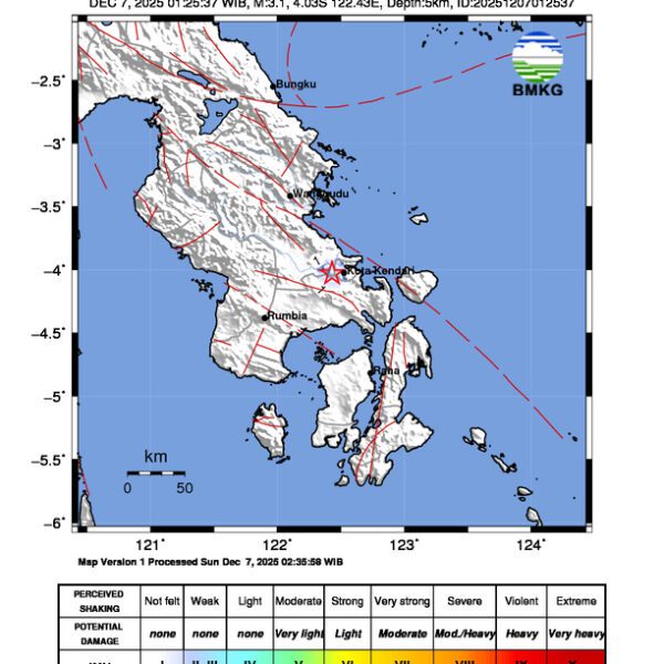Gempa Berkekuatan 3,1 SR, pusat gempa berada di darat 43 km Timur laut Konawe Selatan Gempa Berkekuatan 3,1 SR, pusat gempa berada di darat 43 km Timur laut Konawe Selatan