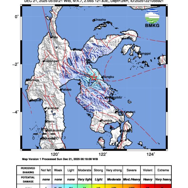Gempa Berkekuatan 4,7 SR, pusat gempa berada di darat 34 km barat laut Morowali Gempa Berkekuatan 4,7 SR, pusat gempa berada di darat 34 km barat laut Morowali