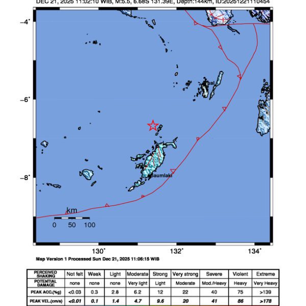 Gempa Berkekuatan 5,5 SR di 143 km TimurLaut TANIMBAR Tidak Berpotensi Tsunami