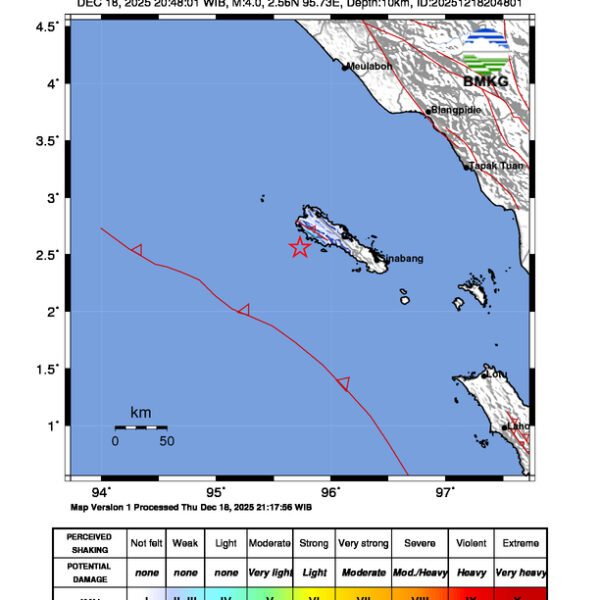 Gempa Berkekuatan 4,0 SR, pusat gempa berada di darat 71 km Barat Sinabang – Aceh Gempa Berkekuatan 4,0 SR, pusat gempa berada di darat 71 km Barat Sinabang – Aceh