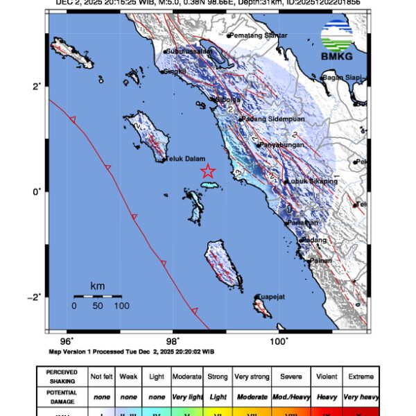 Gempa Berkekuatan 5,0 SR di 96 km Tenggara NIASSELATAN-SUMUT Tidak Berpotensi Tsunami