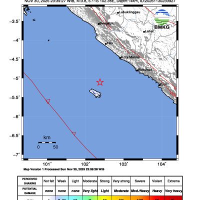 Gempa Berkekuatan 3,8 SR, pusat gempa berada di laut timur laut Enggano