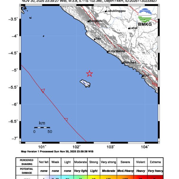 Gempa Berkekuatan 3,8 SR, pusat gempa berada di laut timur laut Enggano