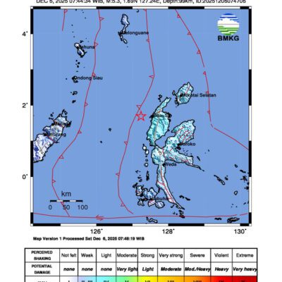 Gempa Berkekuatan 5,3 SR di 54 km BaratLaut HALMAHERABARAT-MALUT Tidak Berpotensi Tsunami