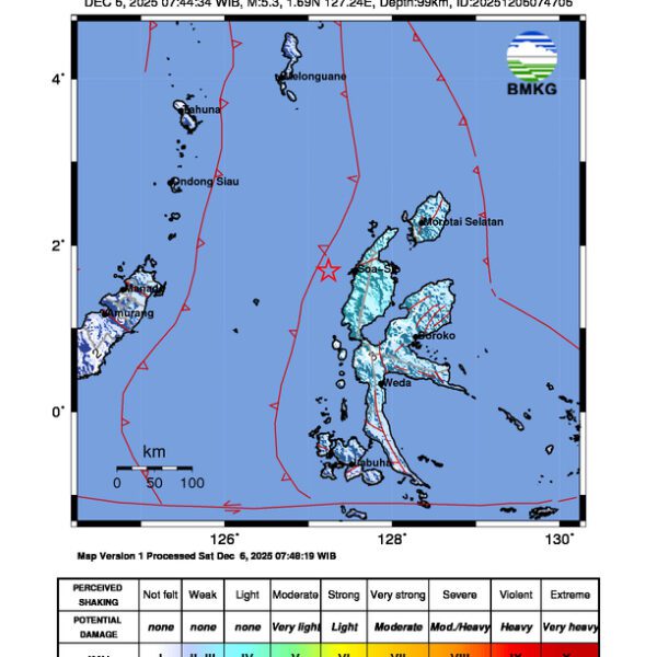 Gempa Berkekuatan 5,3 SR di 54 km BaratLaut HALMAHERABARAT-MALUT Tidak Berpotensi Tsunami