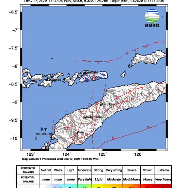 Gempa Berkekuatan 3,8 SR, pusat gempa berada di darat 23 km Timur Alor Gempa Berkekuatan 3,8 SR, pusat gempa berada di darat 23 km Timur Alor