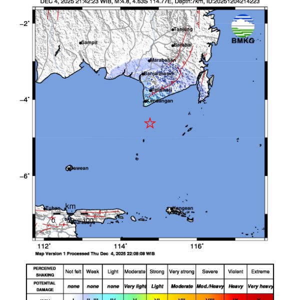 Gempa Berkekuatan 4,8 SR, pusat gempa berada di laut 95 km BaratDaya Tanah laut