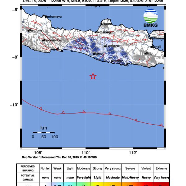 Gempa Berkekuatan 4,8 SR, pusat gempa berada di laut 97 km BaratDaya Gunungkidul Gempa Berkekuatan 4,8 SR, pusat gempa berada di laut 97 km BaratDaya Gunungkidul