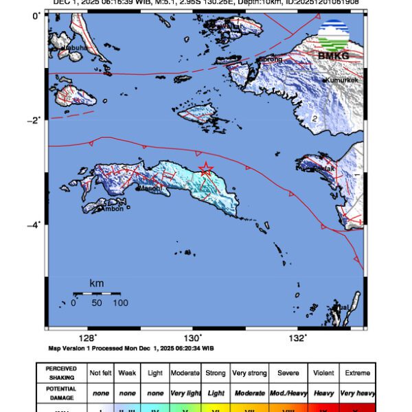 Gempa Berkekuatan 5,1 SR di 31 km BaratLaut SERAMBAGIANTIMUR-MALUKU Tidak Berpotensi Tsunami Gempa Berkekuatan 5,1 SR di 31 km BaratLaut SERAMBAGIANTIMUR-MALUKU Tidak Berpotensi Tsunami