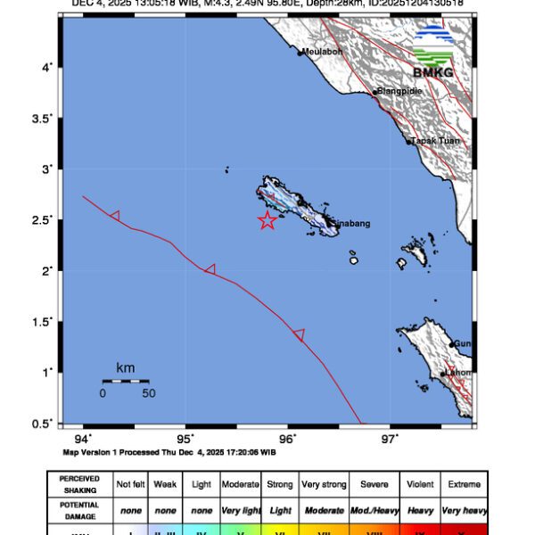 Gempa Berkekuatan 4,3 SR, pusat gempa berada di laut 63 km Barat Laut Sinabang