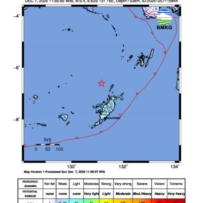 Gempa Berkekuatan 5,4 SR di 150 km BaratLaut TANIMBAR Tidak Berpotensi Tsunami