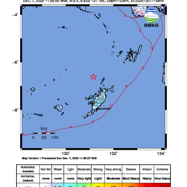 Gempa Berkekuatan 5,4 SR di 150 km BaratLaut TANIMBAR Tidak Berpotensi Tsunami Gempa Berkekuatan 5,4 SR di 150 km BaratLaut TANIMBAR Tidak Berpotensi Tsunami