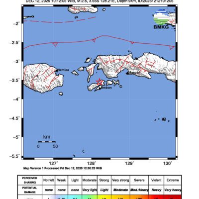 Gempa Berkekuatan 2,6 SR, pusat gempa berada di darat 54 km Selatan Seram Bagian Barat