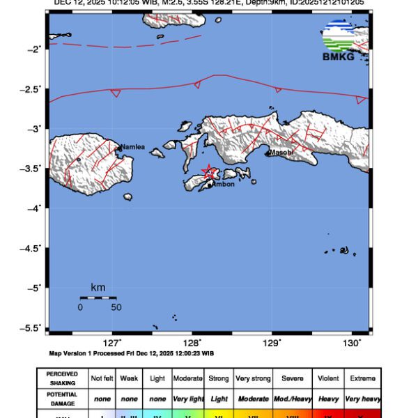 Gempa Berkekuatan 2,6 SR, pusat gempa berada di darat 54 km Selatan Seram Bagian Barat Gempa Berkekuatan 2,6 SR, pusat gempa berada di darat 54 km Selatan Seram Bagian Barat
