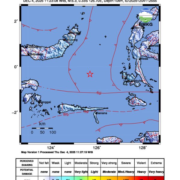 Gempa Berkekuatan 5,3 SR di 170 km Tenggara TUTUYAN-BOLTIM-SULUT Tidak Berpotensi Tsunami