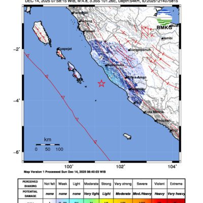 Gempa Berkekuatan 4,8 SR, pusat gempa berada di laut 87 km tenggara Mukomuko