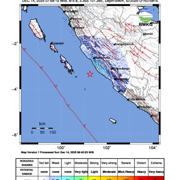 Gempa Berkekuatan 4,8 SR, pusat gempa berada di laut 87 km tenggara Mukomuko Gempa Berkekuatan 4,8 SR, pusat gempa berada di laut 87 km tenggara Mukomuko