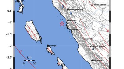 Gempa Berkekuatan 3,1 SR, pusat gempa berada di laut 25 km Barat Daya Padang