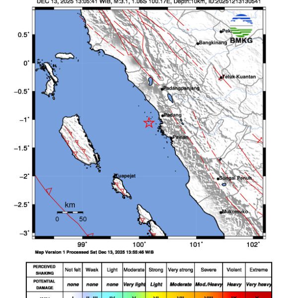 Gempa Berkekuatan 3,1 SR, pusat gempa berada di laut 25 km Barat Daya Padang Gempa Berkekuatan 3,1 SR, pusat gempa berada di laut 25 km Barat Daya Padang