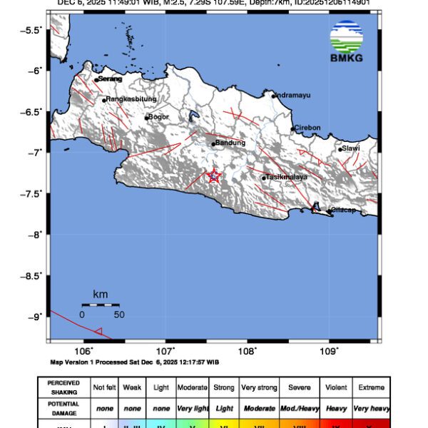 Gempa Berkekuatan 2,5 SR, pusat gempa berada di darat 30 km tenggara Kabupaten Bandung Gempa Berkekuatan 2,5 SR, pusat gempa berada di darat 30 km tenggara Kabupaten Bandung