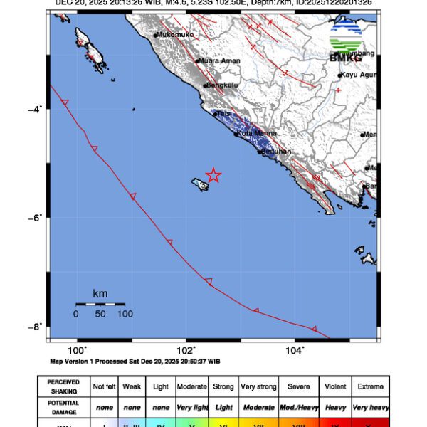 Gempa Berkekuatan 4,6 SR, pusat gempa berada di laut 28 km timur laut Enggano Gempa Berkekuatan 4,6 SR, pusat gempa berada di laut 28 km timur laut Enggano
